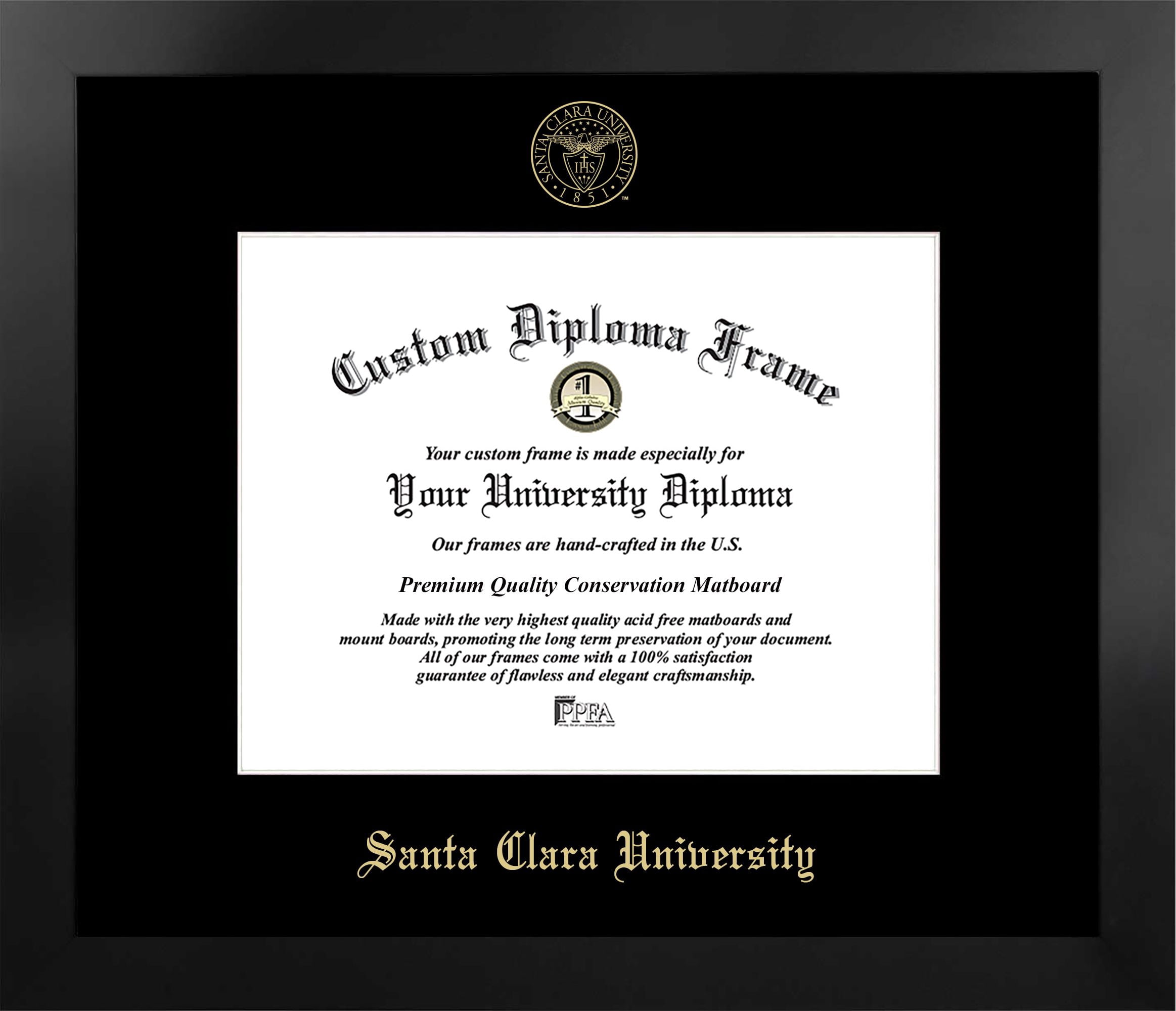 Santa Clara University 10w x 8h Manhattan Black Single Mat Gold Embossed Diploma Frame with Bonus Campus Images Lithograph (value savings at $59)