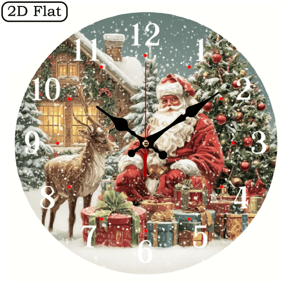 Santa Claus 2D Flat 1pc 10Inch Design Silent Wall Clock Wooden Living Room, Bedroom, Office Decor Aesthetic Gift for Home or Office, Clock Wall