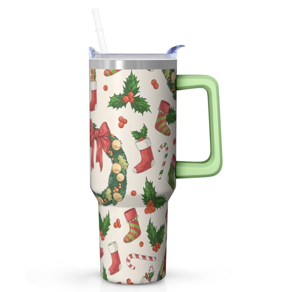 Santa Claus 40oz Christmas Tumbler with Handle and Lid, Winter Holiday Festive Mug, Insulated Stainless Steel Cup, Xmas Gifts for Women