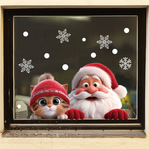 Santa Claus And Cat Window Stickers/ Christmas Anime Static Cling Decal: And Santa 3D Effect Window Glass Home Decor Sticker