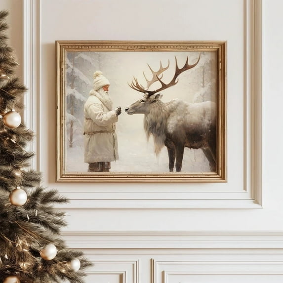 Santa Claus And Reindeer Art Print Wall Art Poster Vintage Canvas Prints Painting Picture Artwork Bedroom Home Christmas Holiday Decor No Frame