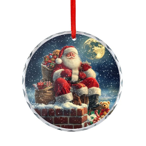Santa Claus with His Bag of Gifts Crystal Glass Christmas Ornament Santa Down The Chimney Decorative Holiday Ornaments Appreciation Gifts Ornaments for Xmas Tree