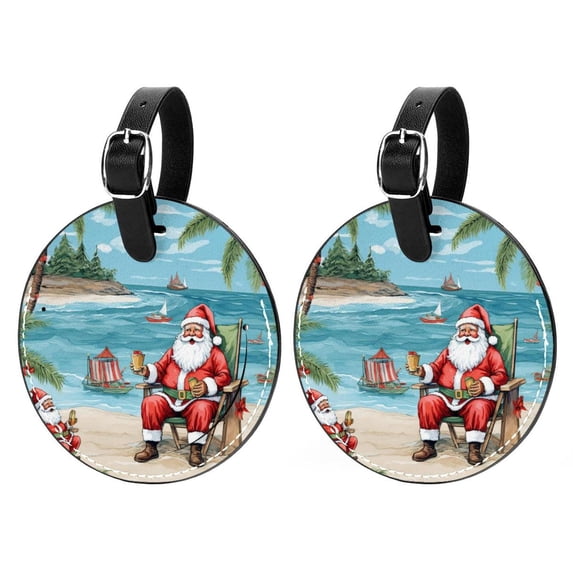 Santa Claus Beach Vacation 2pcs PU Leather Round Bag Tags with Privacy Cover and Name ID Tag - Suitcase Tags for Travel Luggage, Handbags, Backpacks, School Bags
