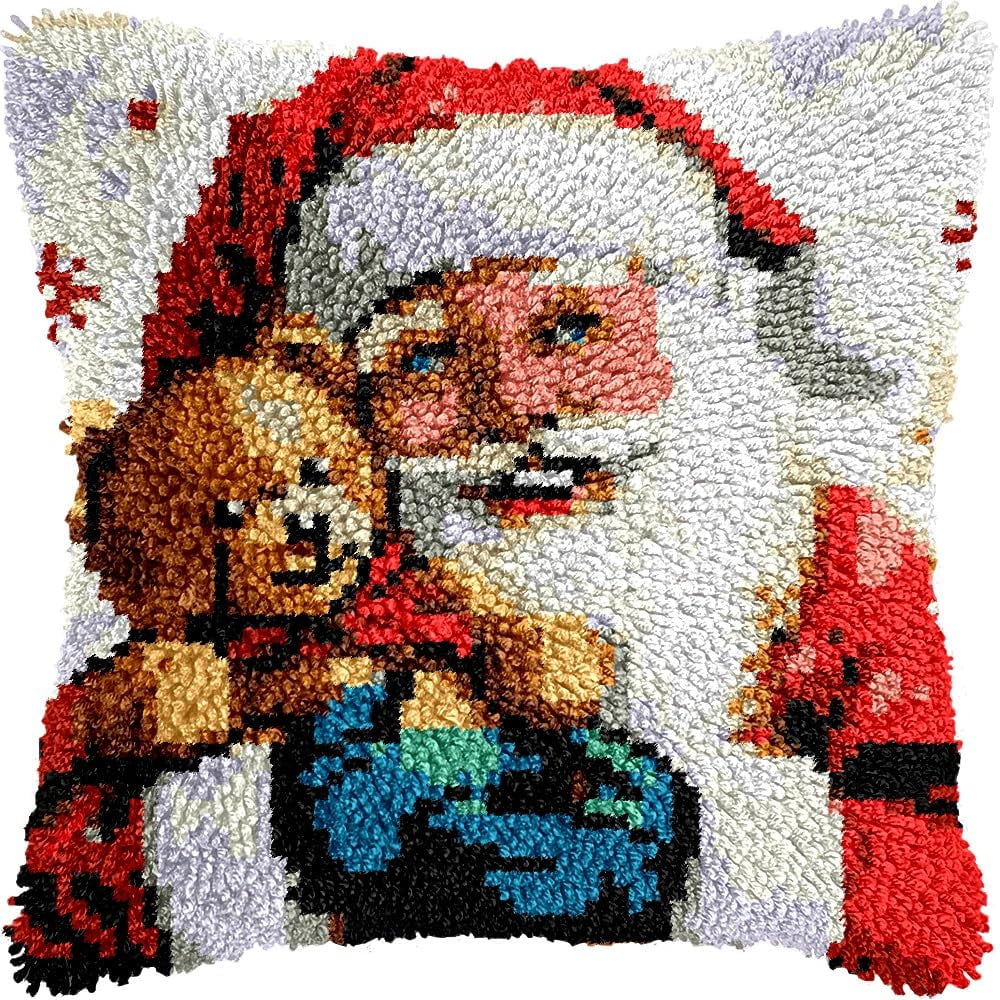Santa Claus & Bear Latch Hook Kits Pillow kits Cushion Throw Pillow Embroidery Craft Kits DIY Kits of DIY Hooking Pillowcase Cover Supplier with Color Printed Canvas 43x43cm (249)