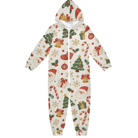 Santa Claus Bell Christmas Tree Boys & Girls Hooded One-Piece Pajamas Warm Crystal velvet Hooded Long Sleeve Loungewear Jumpsuit Unisex