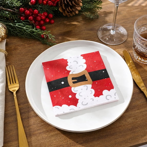 Santa Claus Belt Christmas Paper Napkins, 20 Count Holiday Party Disposable Table Decoration, 6.5 x 6.5 in