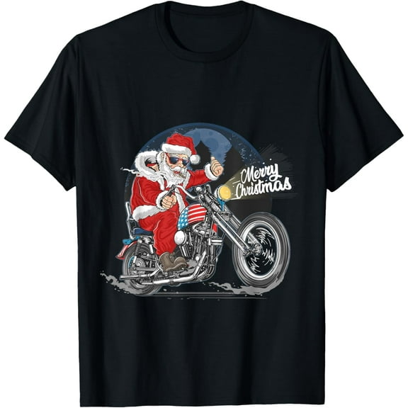 Santa Claus Bike Biker Motorcycle US Flag New Year Winter T-Shirt