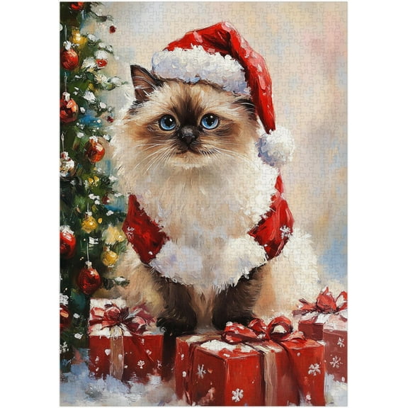 Santa Claus Birman Cat Jigsaw Puzzle 1000 Pieces for Adults - Cozy Xmas Holiday Gift for Pet-Loving Family in Christmas