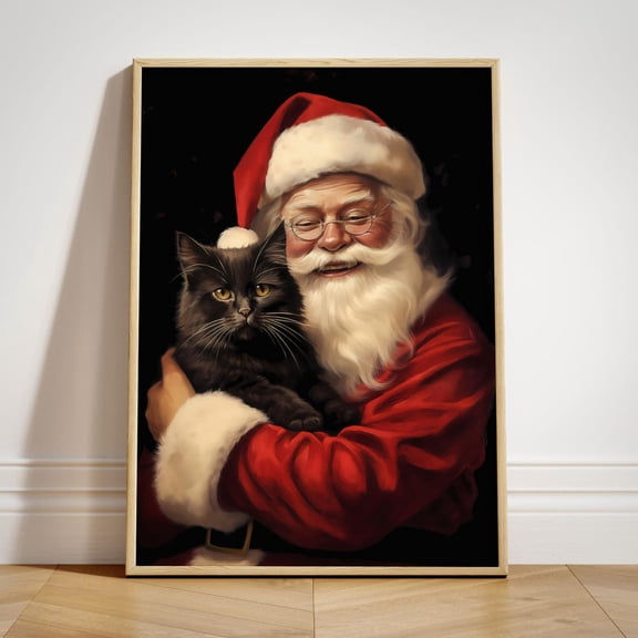 Santa Claus Black Cat Art Poster: Poster Cottagecore Wall Decor, Unframed Canvas Size 8x12