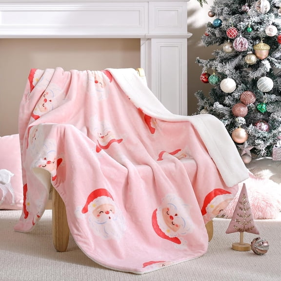 Santa Claus Blanket 50x60 - Fluffy Fleece Christmas Blanket, Soft Lightweight Cozy Pink Blanket - Chic Xmas Sherpa Blanket for Couch, Bed & Christmas Decor