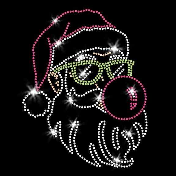 Santa Claus Blowing Bubble Gum Christmas Iron-on Rhinestone Transfer Sparkly Bling Pink and Green Crystals