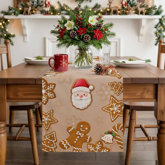 Santa Claus Brown Cookies Table Runner 36 Inches Long, Non-Slip Kitchen Table Runners for Dining Room Everyday Use Party Table Decorations Christmas Tree Winter Berries