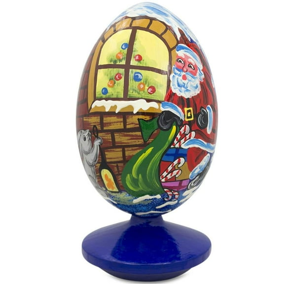 Santa Claus, Bunny Reindeer Looking at the Christmas Tree Wooden Egg 4.75 Inch