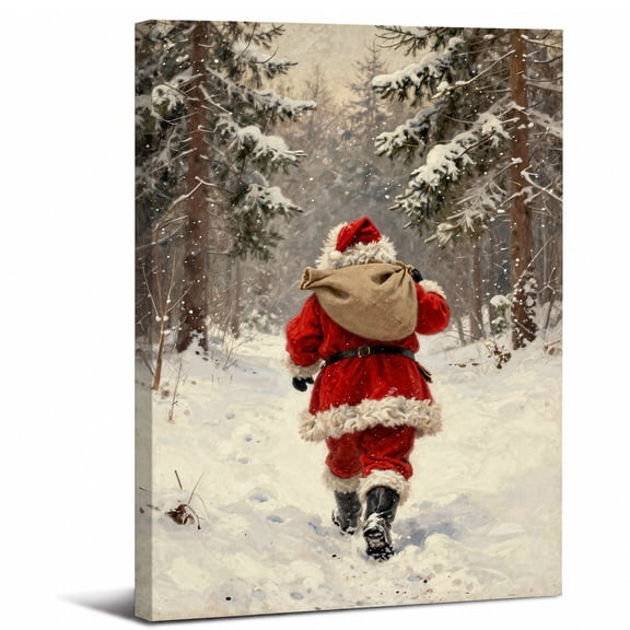 Santa Claus Canvas Wall Art Framed,Christmas Santa with Gift Sack Walking Landscape canvas print for bathroom bedroom or living room decor,8x12in