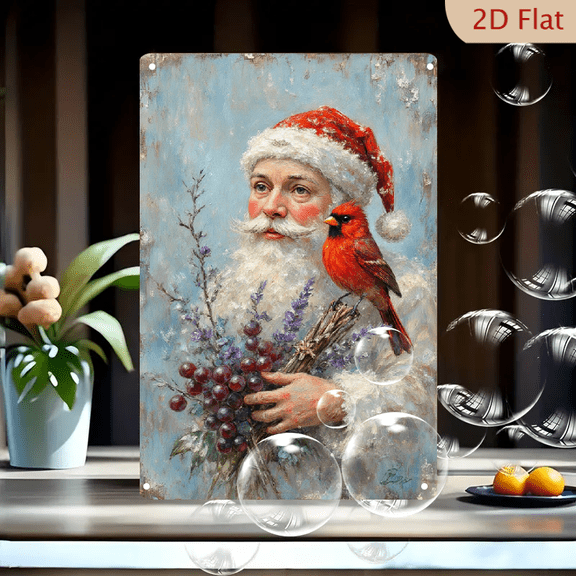 Santa Claus with Cardinal and Grapes, 8x12 Inches Rustic Painterly Metal Wall Art, Red Hat White Beard, Vintage Wood Texture, Holiday Decor for Home, Kitchen, Farmhouse