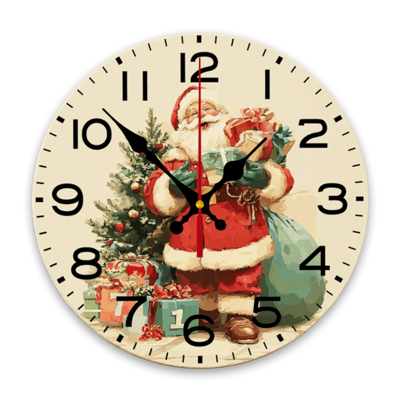Santa Claus Carrying Gift Bag Wooden Wall Clock - Easy-to-Read RedGreen Holiday Design with Golden Hands, Wood Round Clock for Christmas, Halloween, Thanksgiving Decor - Battery-Powered (AA Batt