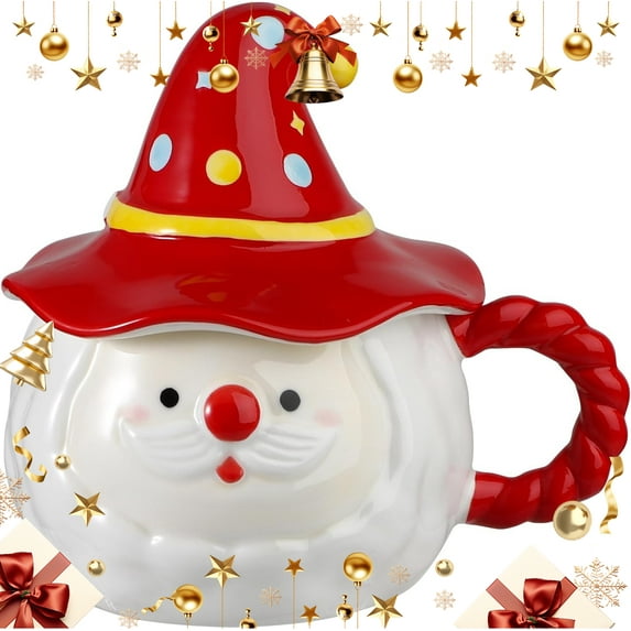 Santa Claus Ceramic Mug with Lid Christmas Coffee Mug Santa Tea Cup Cute Xmas Drinking Cup Holiday Gift for Women Men
