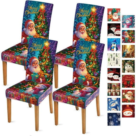 Santa Claus Chair Covers Set of 4, Stretchable Dining Chair Slipcovers with Christmas Tree and Gifts for Holiday Decor