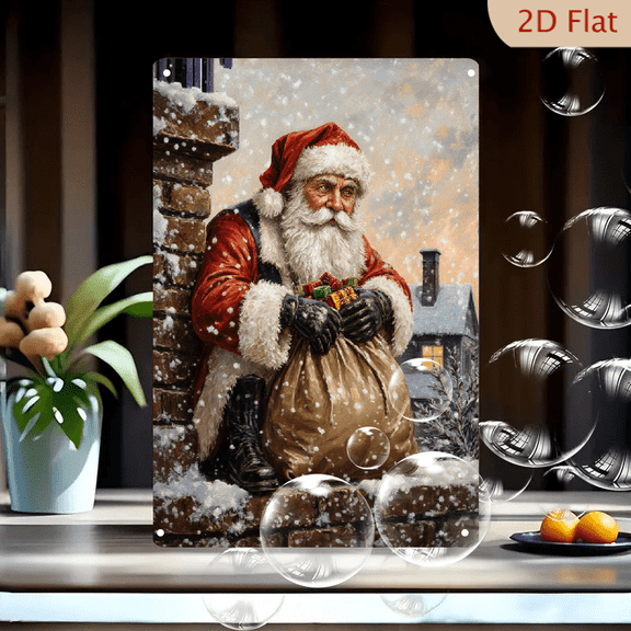 Santa Claus on Chimney Ledge 8x12in Metal Wall Art, Cozy Christmas Eve Scene with Golden Sack of Gifts, Winter Snowy Rooftops Decor for Home Living Room