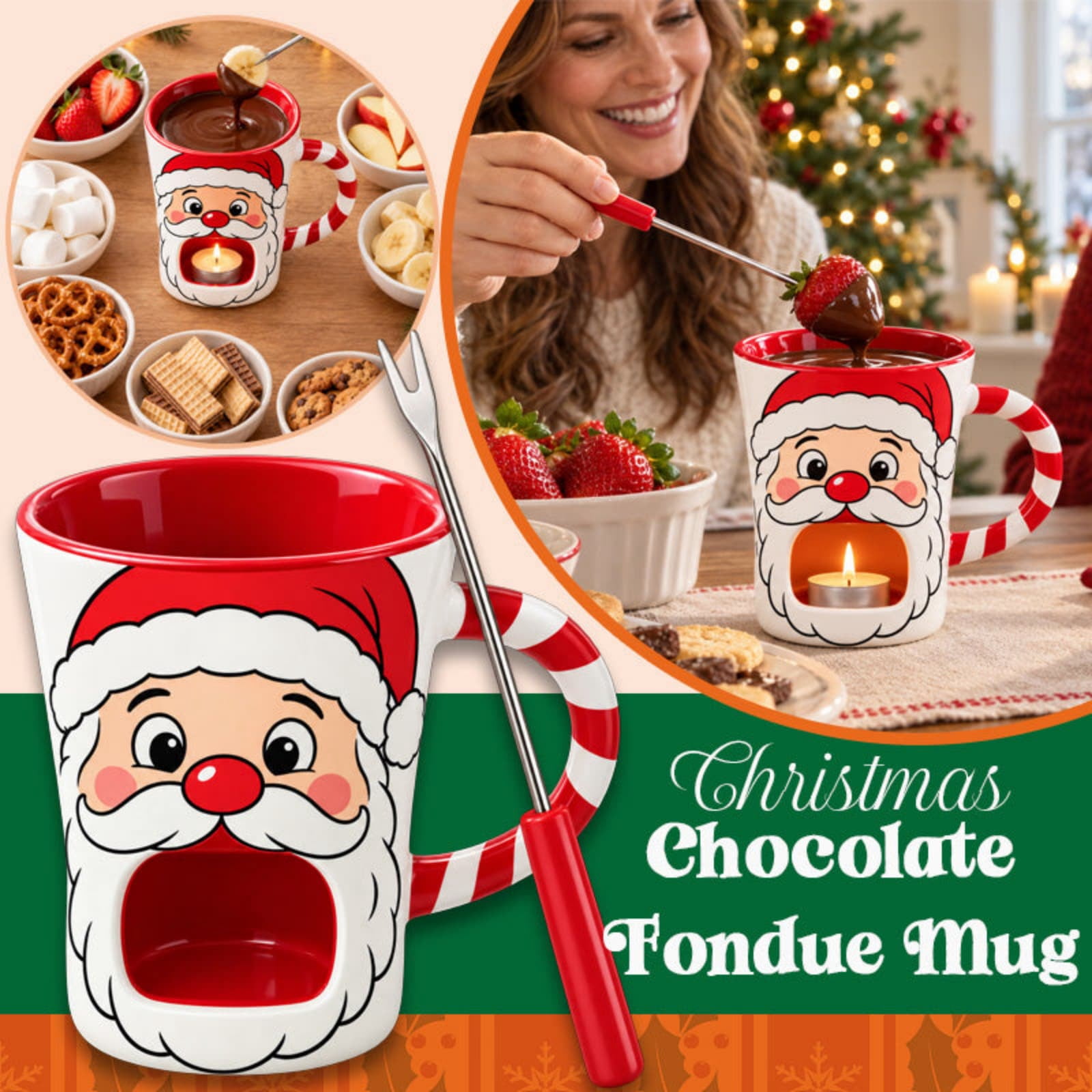 Santa Claus Chocolate Fondue Mug with Warmer Base – Candy Cane Handle ...