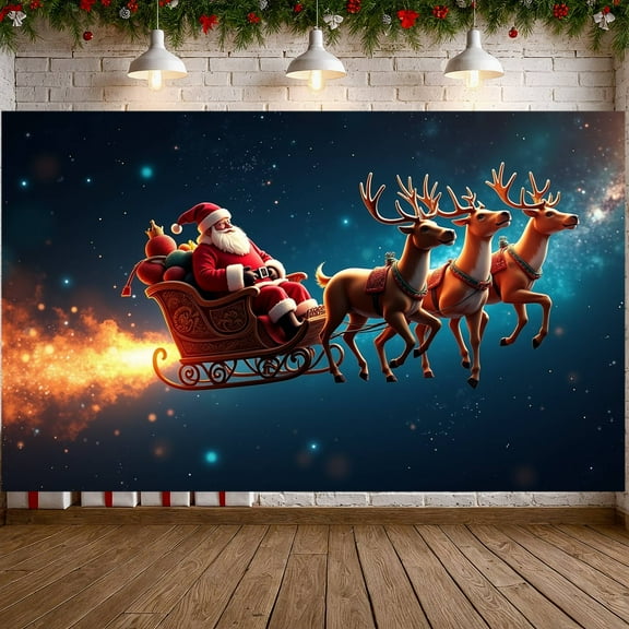 Santa Claus Christmas Banner Reindeer Reindeer Backdrop Sleigh Starry Sky Xmas Background for Christmas Party Holiday Decoration Family Gathering