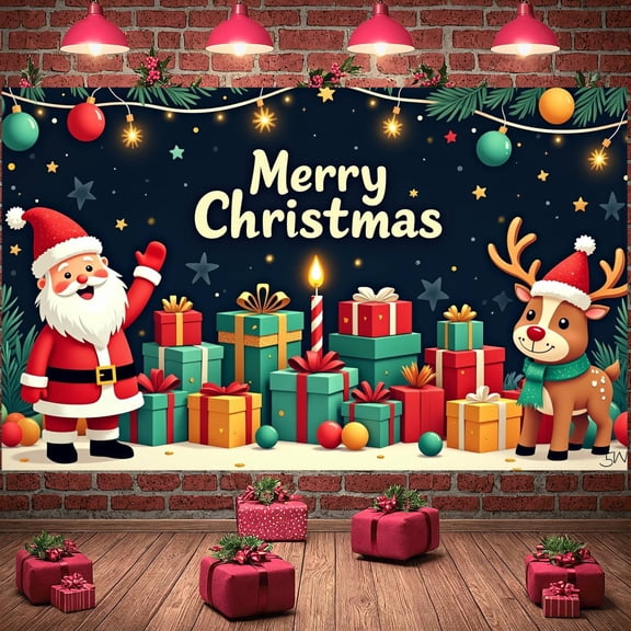 Santa Claus Christmas Banner Reindeer Xmas Display Gift Boxes Christmas Balls Holiday Backdrop for Christmas Party Holiday Celebration Indoor Decoration