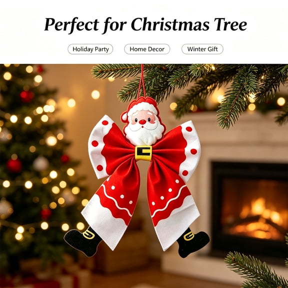Santa Claus Christmas Character Bow Ornament, Fabric Hanging Decoration with Cartoon Face and Festive Bow Tails for Christmas Tree Door Wreath Wall Holiday Home Decor, 9.06 Inch