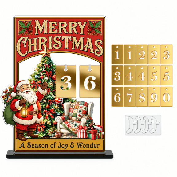 Santa Claus Christmas Countdown Decoration, Acrylic Tabletop Daily Calendar with Changeable Number Tiles, 5.9 x 7.8 in