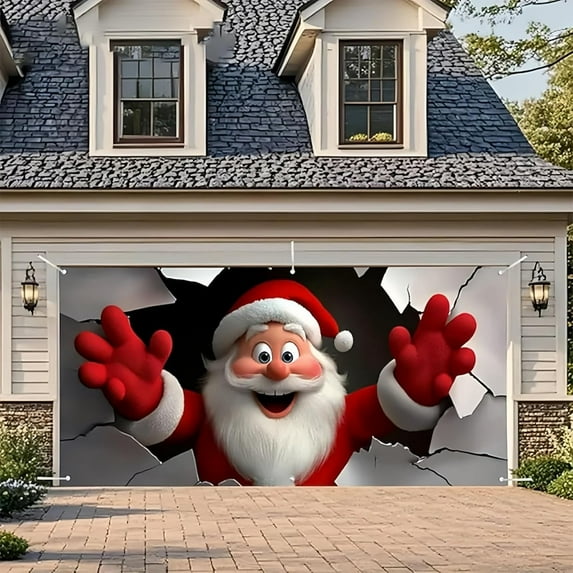 Santa Claus Christmas Garage Door Cover, Festive Decoration for Garage Doors, Large-scale Santa Decor to Add Christmas Cheer to Your Garage, Weather-resistant Garage Door Decor, 157.48*72.83in, B