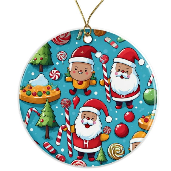 Santa Claus Christmas Holiday Ornament | Xmas Candy Ornaments | Winter Season Santa Gifts Ceramic Ornament - 3 Inch Christmas Tree Round Ornament - Xmas Holiday Decor - String Included - ORNW0245