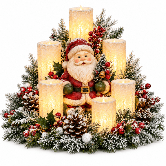 Santa Claus Christmas Lighted Centerpiece with Flameless Candle Glow, Christmas Decoration with Frosted Greenery, Red Berries & Pinecones, Perfect for Home Tabletop & Holiday Gift, 10.6" x 11.8"