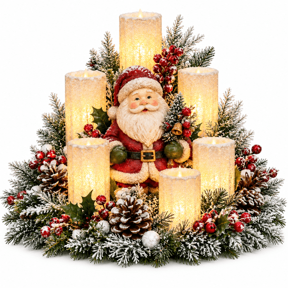 Santa Claus Christmas Lighted Centerpiece with Flameless Candle Glow, Christmas Decoration with Frosted Greenery, Red Berries & Pinecones, Perfect for Home Tabletop & Holiday Gift, 10.6" x 11.8"