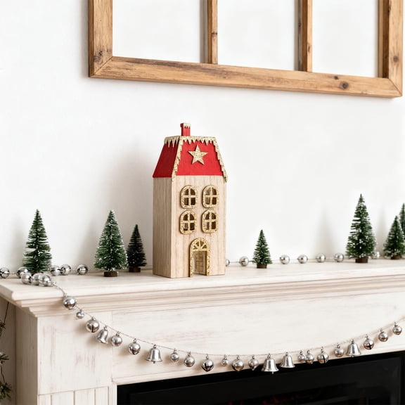 Santa Claus Christmas Ornament, Flat Wooden House with Fabric Detail for Tabletop Display, Minimalist Holiday Decor for Home, Office and Party(Red,E)