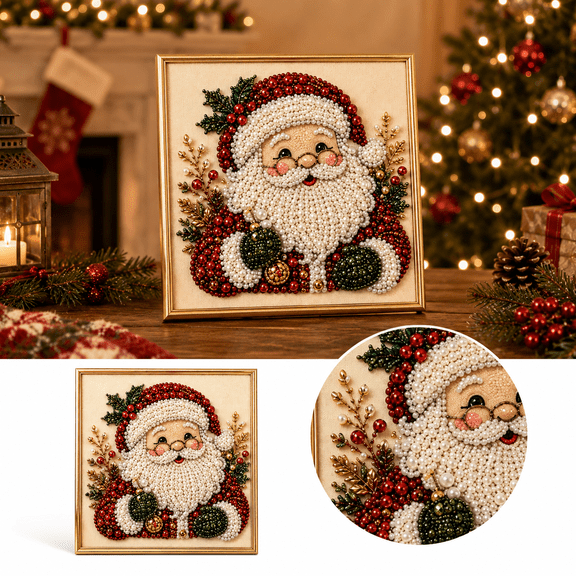 Santa Claus Christmas Pearl Art Kit, DIY Framed Bead Painting Craft Set with Canvas Beads Pen Wax and Tray for Festive Home Wall Decor Gift