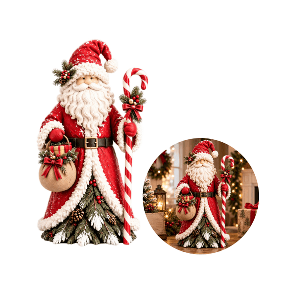 Santa Claus Christmas Statue, Rustic Winter Table Decor Figurine with Gift Bag, Candy Cane and Foliage Accents