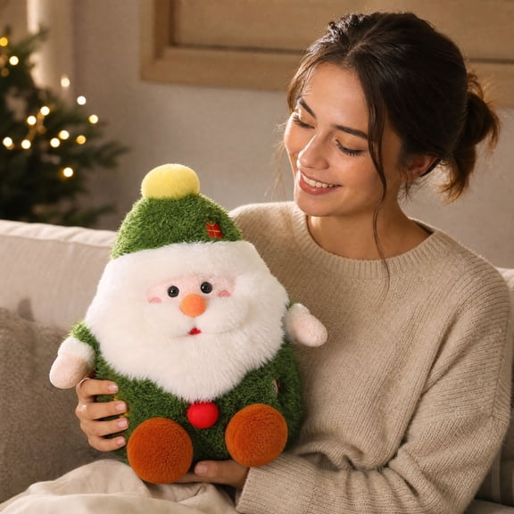 Santa Claus Christmas Stuffed Plush - 13" Soft Christmas Stuffies for Kids with Green Xmas Tree, Soft Faux Fur, and Weighted Bottom - Poseable Holiday Plush Toy - Gift for Teens and Kids