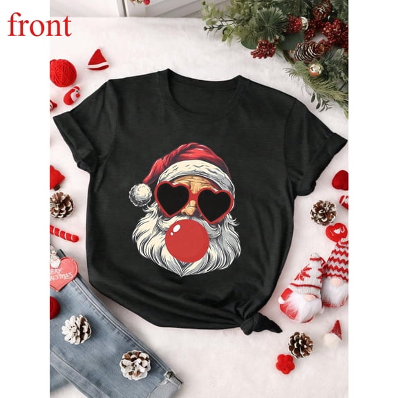 Santa Claus Christmas Tee T Shirt Graphic Tops Abstract Cartoon Design Trendy Short Sleeve Round Neck Black S-5XL