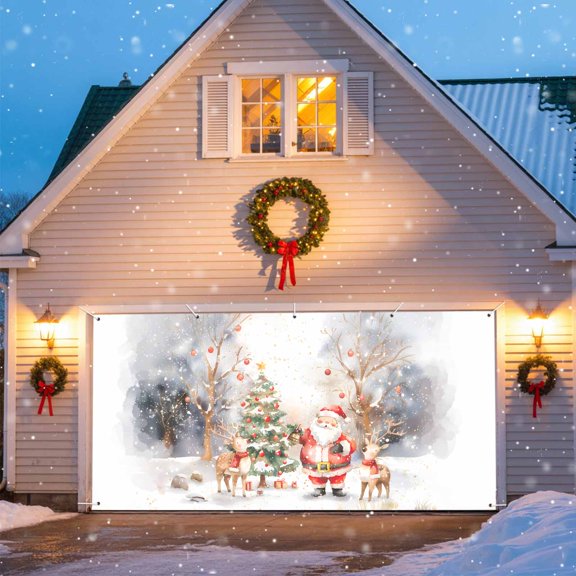 Santa Claus Christmas Tree Garage Door Banner Covers, Reindeer Forest Balls Large Hanging Indoor/Outdoor Backdrop Background for Christmas Winter Party Decor, 6x13 FT