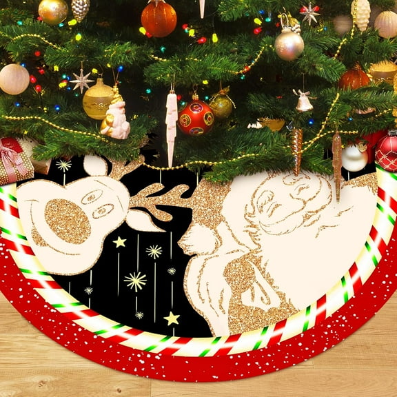 Santa Claus Christmas Tree Skirt 48 Inch,Large Reindeer Xmas Tree Skirt, Winter Farmhouse Holiday Tree Mat Decoration Indoor Outdoor
