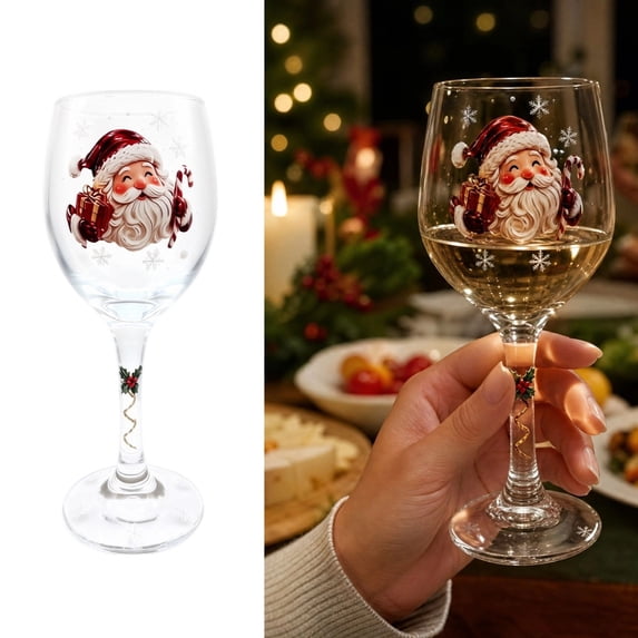 Santa Claus Christmas Wine Glass 12oz, Vivid 2D Print Holiday Stemware, Festive Xmas Party Table Decor & Hostess Gift for Wine Lovers & Family
