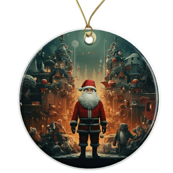 Santa Claus Cityscape Christmas Ornament, Vintage Holiday Decor, Unique Christmas Gift Ceramic Ornament - 3 Inch Christmas Tree Round Ornament - Xmas Holiday Decor - String Included - ORNW0169