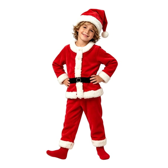 Santa Claus Costume, 3 Piece Velour Christmas Outfit with Hat, Top & Pants, Red Santa Suit for Boys & Girls Holiday Party
