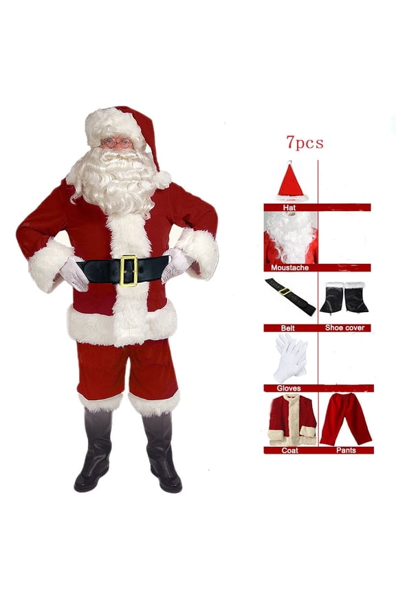 Santa Claus Costume Christmas Complete Dress-Up Outfit For Adult Santa Suit With Hat Men Cosplay Costumes 7PCS