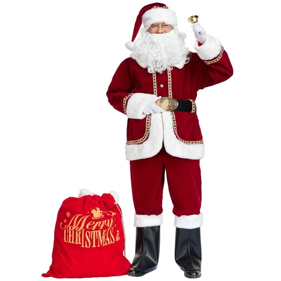 Santa Claus Costume for Men Deluxe 11pcs Adult Professional Santa Suit Christmas Santa Costume Set -3XL