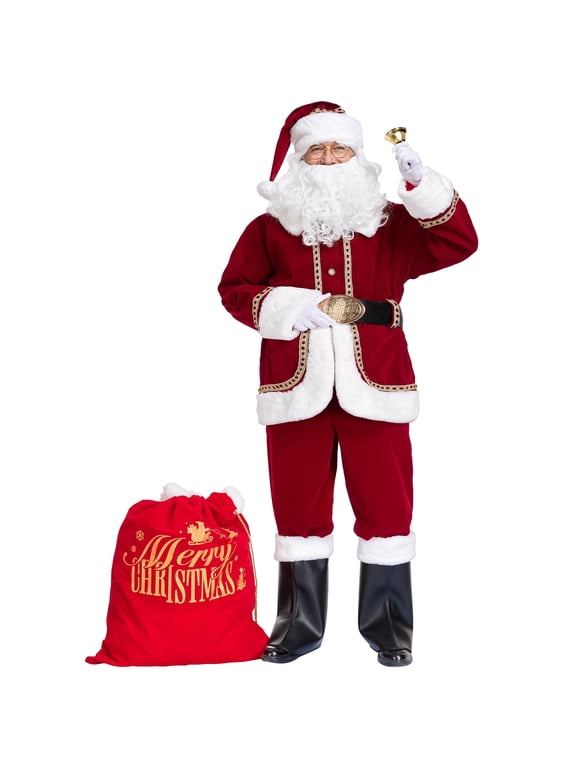 Santa Claus Costume for Men Deluxe 11pcs Adult Professional Santa Suit Christmas Santa Costume Set -L