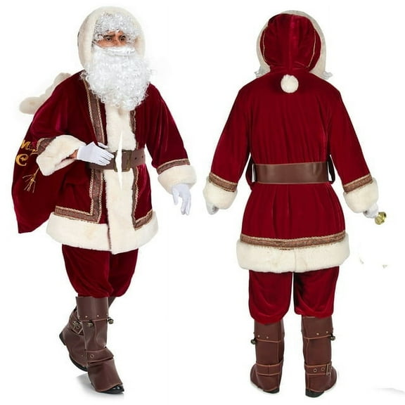 Santa Claus Costume for Men Santa Suit Adult 10PCS Plus Size Velvet Deluxe Santa Clause Christmas Outfit Holiday Party -M