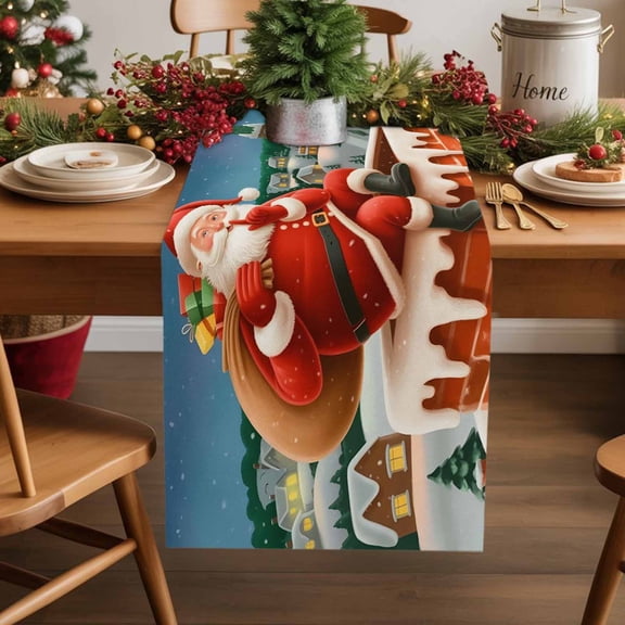 Santa Claus Cotton Linen Table Runner Christmas Chimney Winter Night Dining Table Runners for Home Decor Party Dining Room Restaurant Kitchen Party 13" x 48"