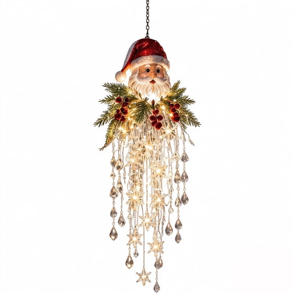 Santa Claus Crystal Cascade Hanging Christmas Lights, Outdoor Porch LED Hanging Light Decor, Festive Cascading Crystal Light Ornament for Window, Eaves, Decoration
