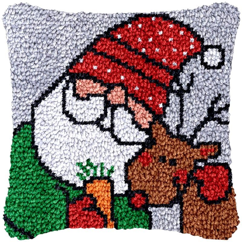 Santa Claus & Deer Latch Hook Pillow Cover Kits for DIY Handmade Throw Pillow Cross Stitch Latch Hook Pillowcase Rug Cushion Kits with Preprinted Canvas Crochet Yarn Kits Needlework 17'' X 17''