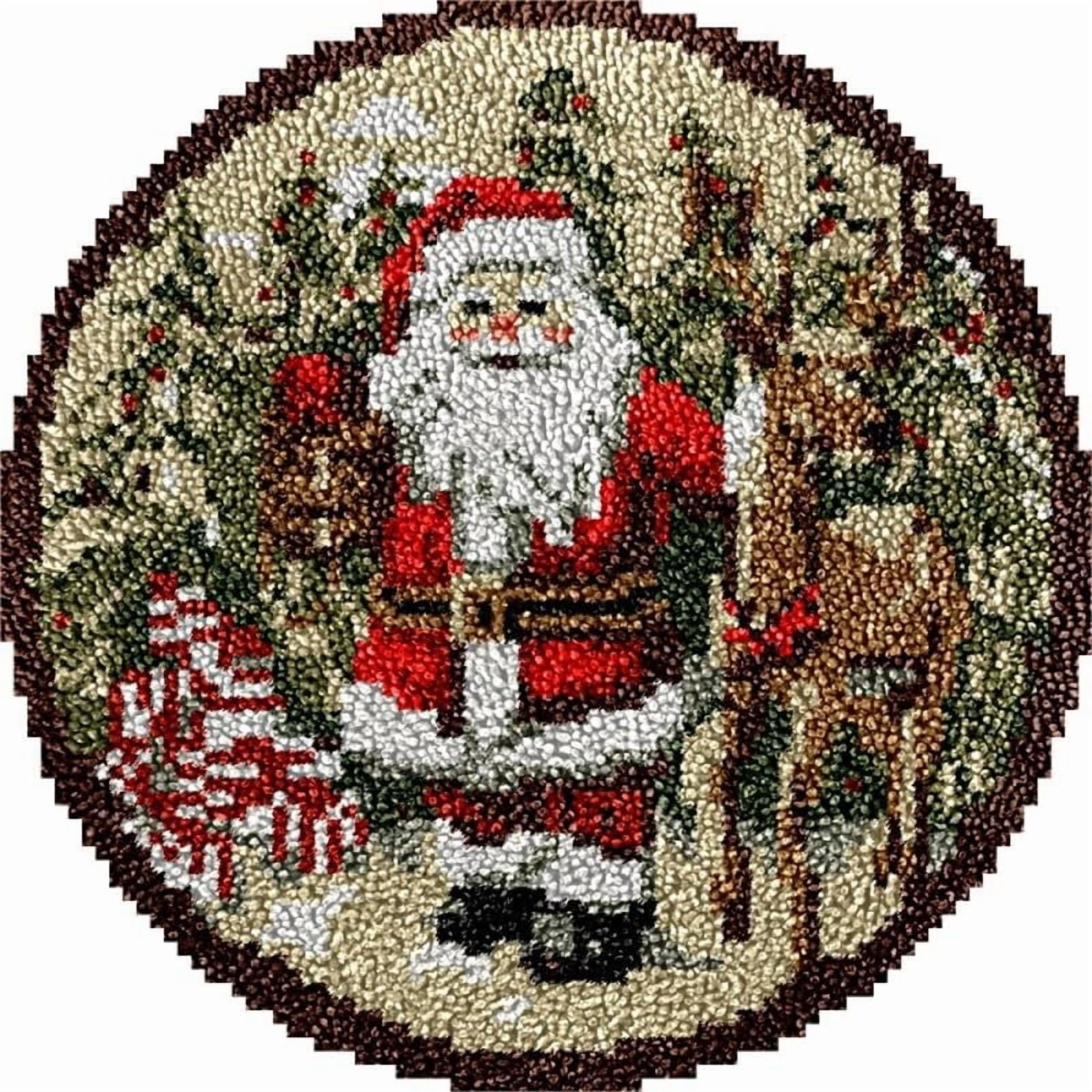 Santa Claus and Deer Round Shape Latch Hook Rug Kits Set for Starter Crochet Hook Cushion Mat Sofa Seat Cushion Crocheting Kits with Preprinted Canvas Crochet Yarn Kits 50X50cm (ui14)